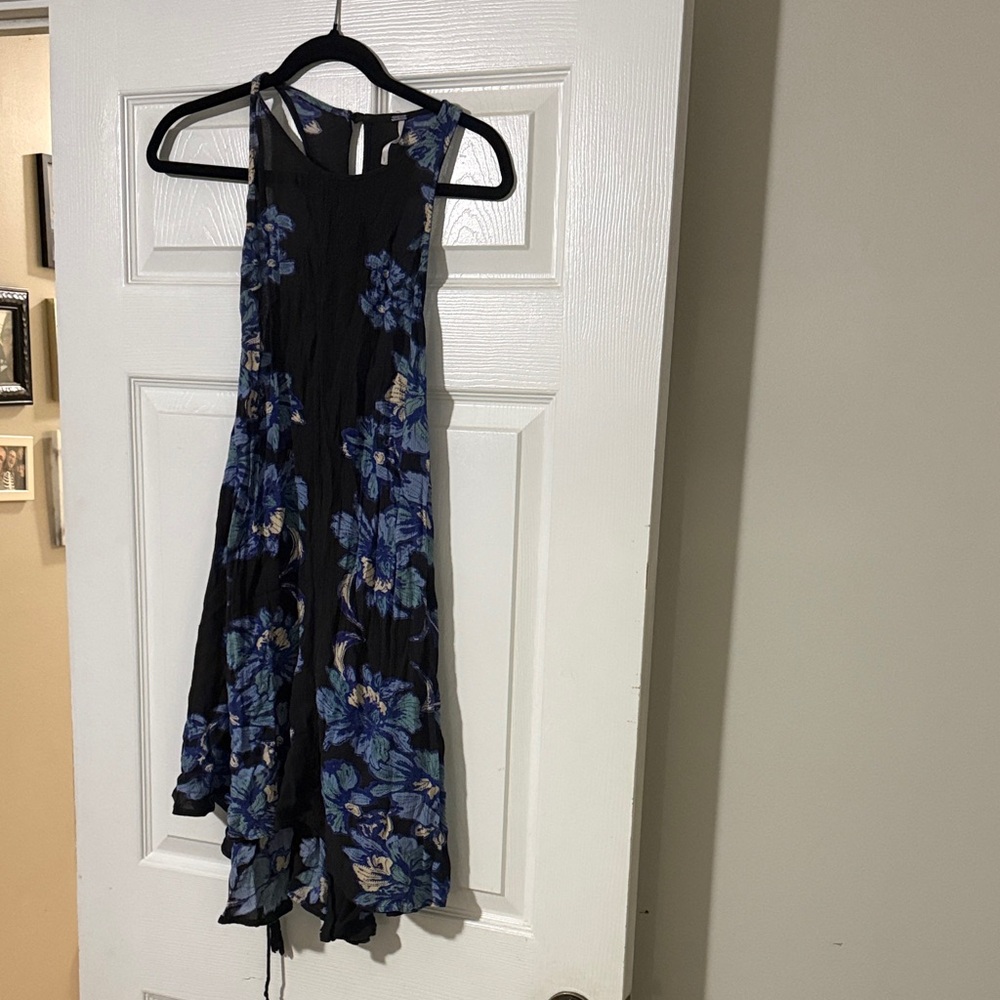 Free People Black Mini Dress with Blue Floral Print and racerback detail